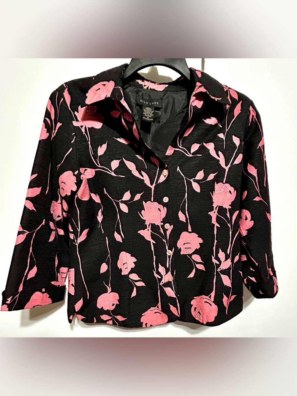 SilkLand Black Button-Up Jacket with Pink Floral Print